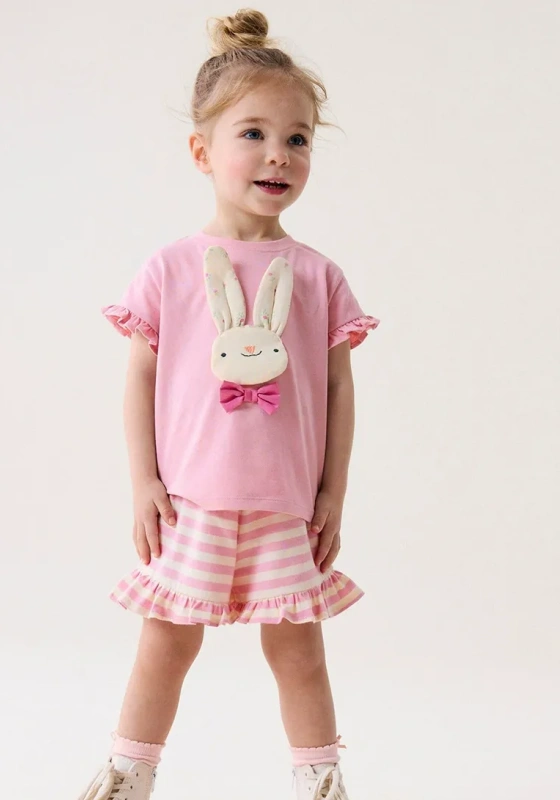 Bunny Embellished Trimmed Striped Shorts Set