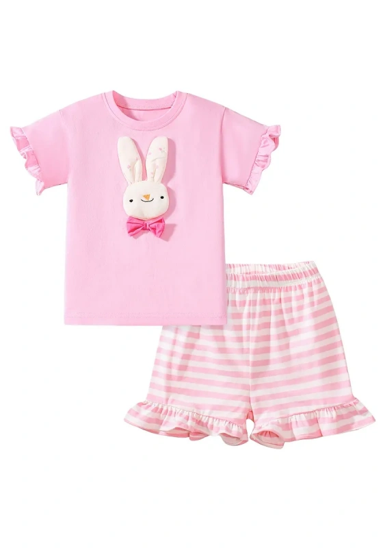 Bunny Embellished Trimmed Striped Shorts Set