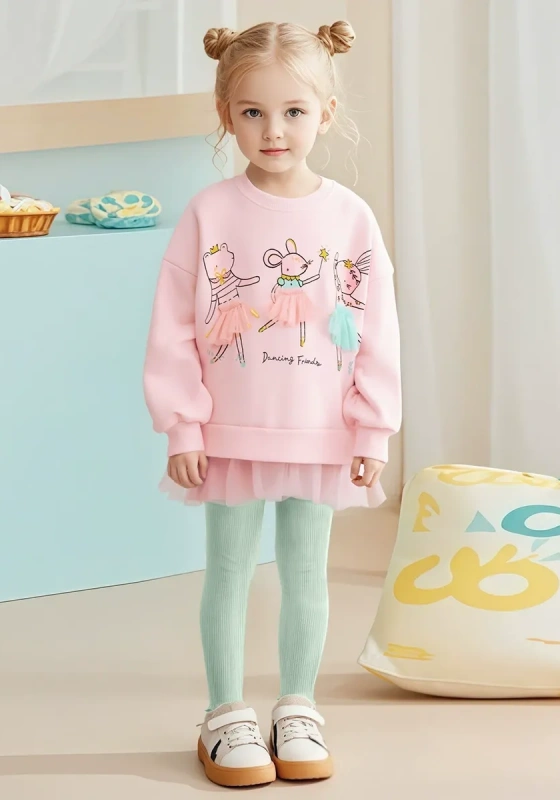 Bear Rabbit Print Mesh Hem Pants Set