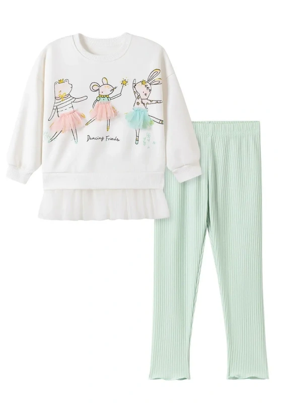 Bear Rabbit Print Mesh Hem Pants Set