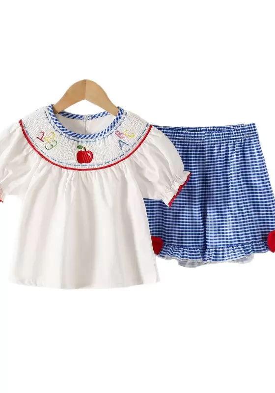 Embroidered ABC Pattern Plaid Shorts Set