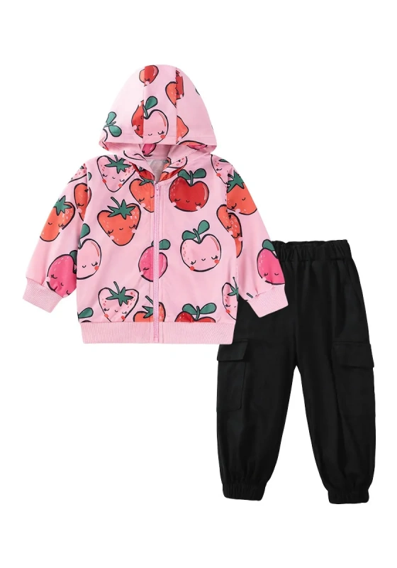 Strawberry Print Hoodie And Cargo Pants Set