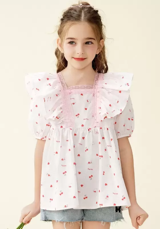 Sweet Heart Print Ruffled Blouse