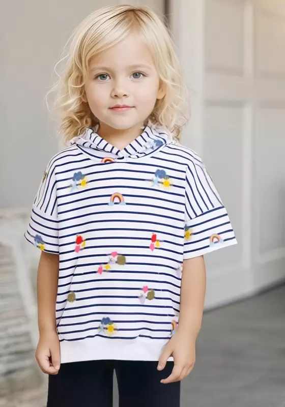 Rainbow Embroidery Striped Hooded Top 