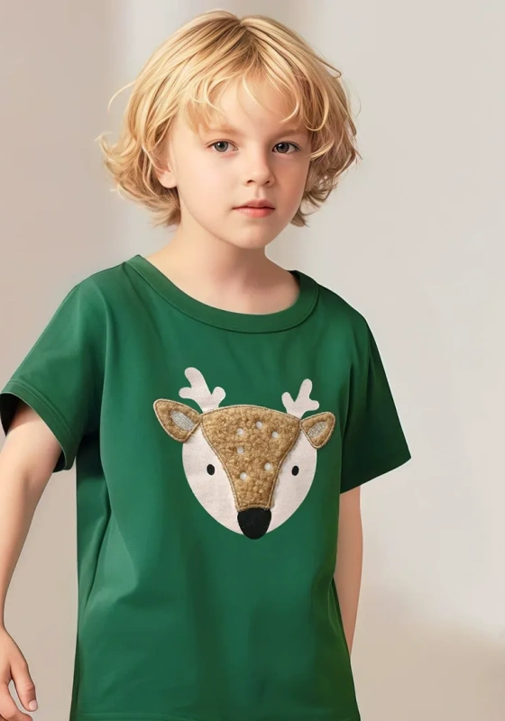  Deer Embroidered Green T Shirt