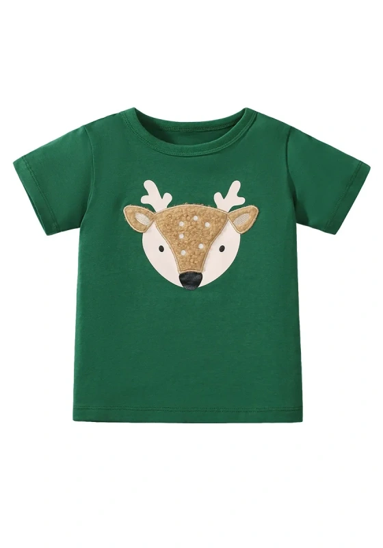  Deer Embroidered Green T Shirt