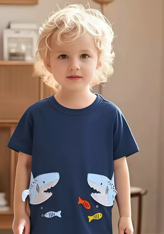 Shark Themed Navy Blue Kids' T shirt
