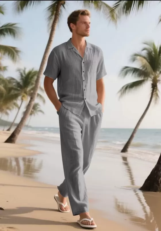 Men's Button Front Short Sleeve Pants Sets