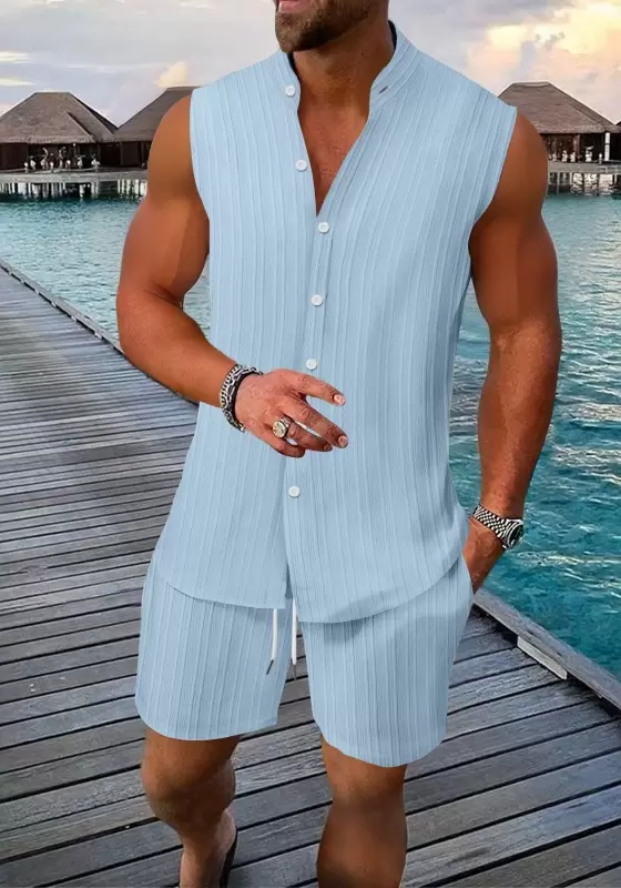 Men's Sleeveless Button  Front Short Set​