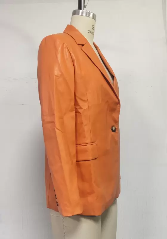 Orange Leather Single Button Blazer