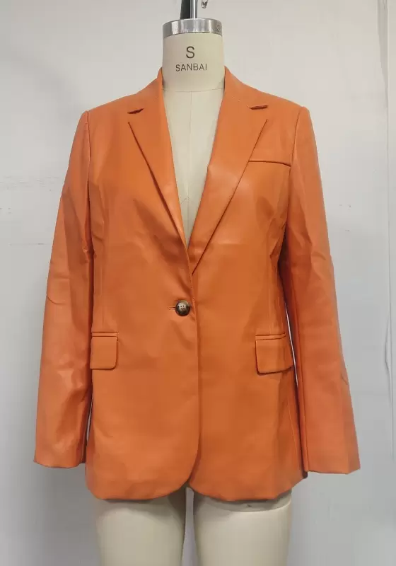 Orange Leather Single Button Blazer