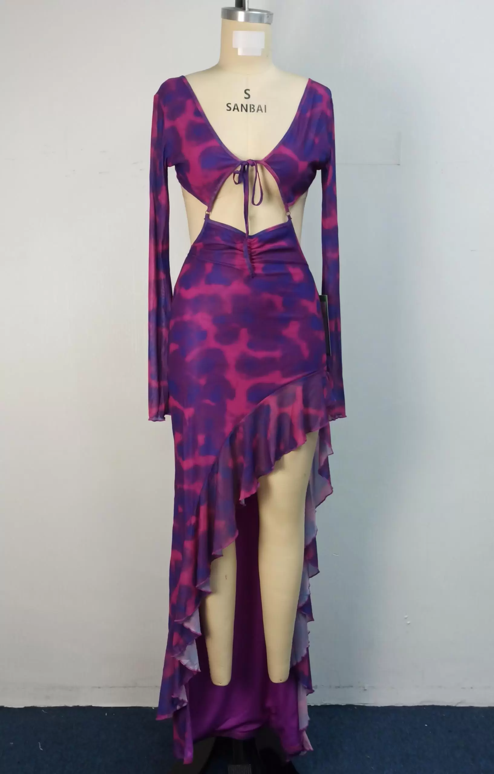 Print Ruffle Cutout Irregular Hem Dress