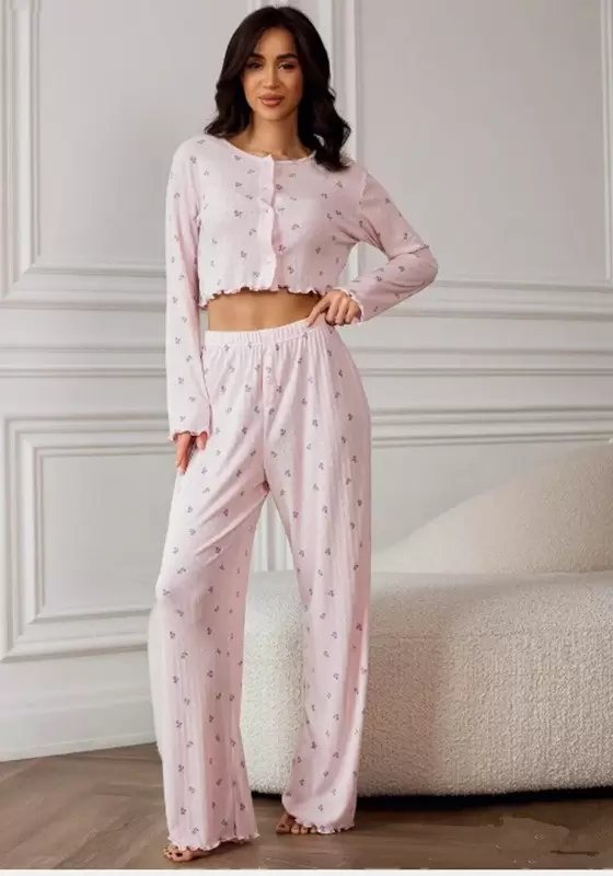 Pink Floral Button Front Pajama Set