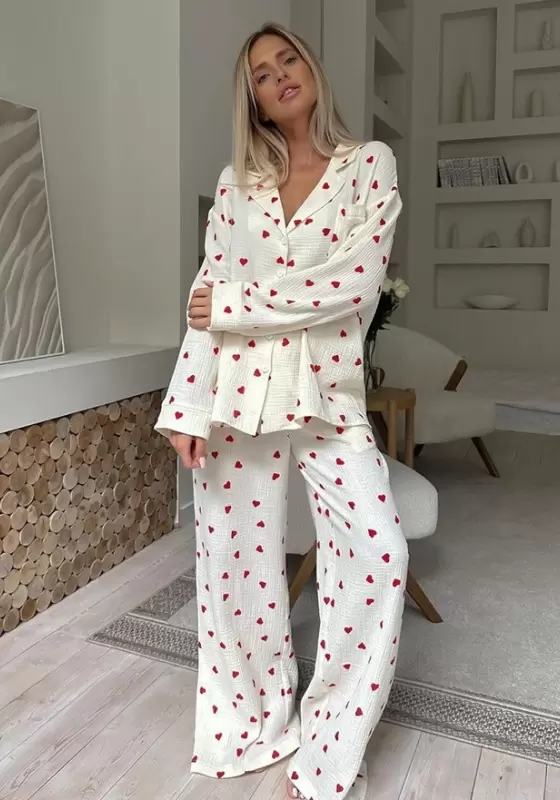 Heart Print Long Sleeve Pajama Set