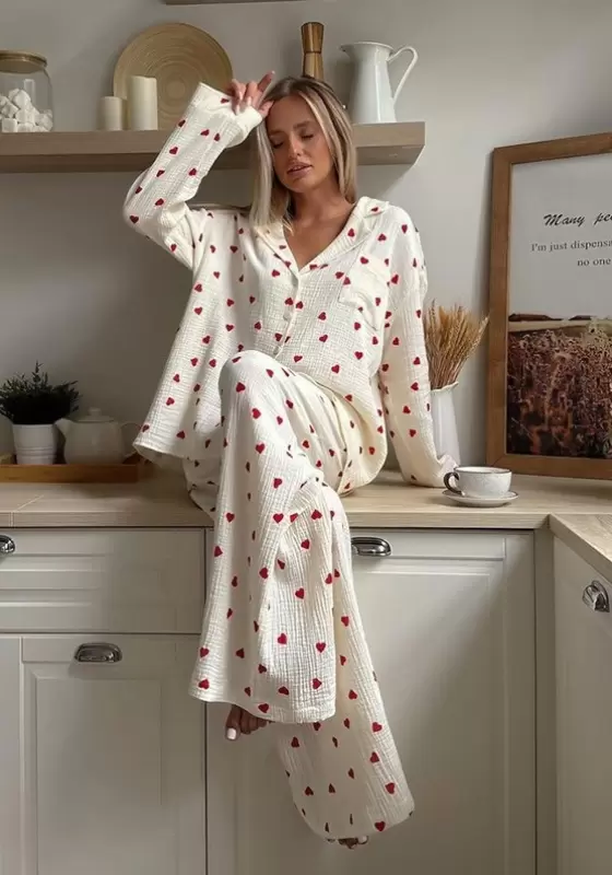 Heart Print Long Sleeve Pajama Set