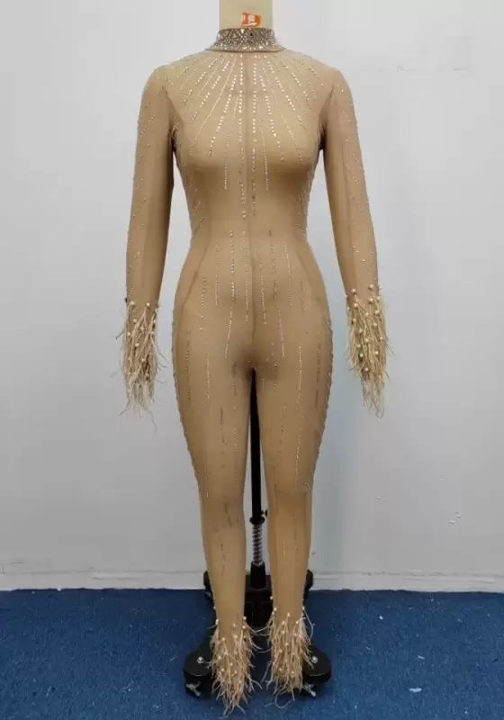 Mesh Sequin Feather Trim Jumpsuit
