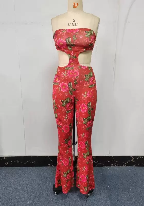 Red Floral Strapless Cutout Jumpsuit