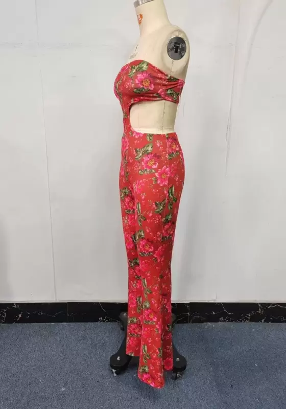 Red Floral Strapless Cutout Jumpsuit