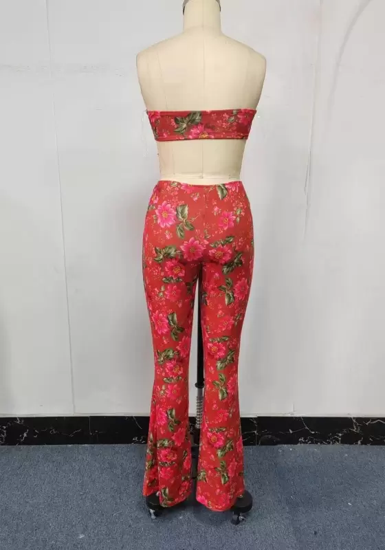 Red Floral Strapless Cutout Jumpsuit