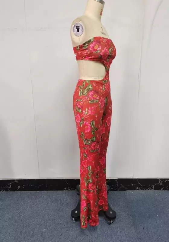 Red Floral Strapless Cutout Jumpsuit