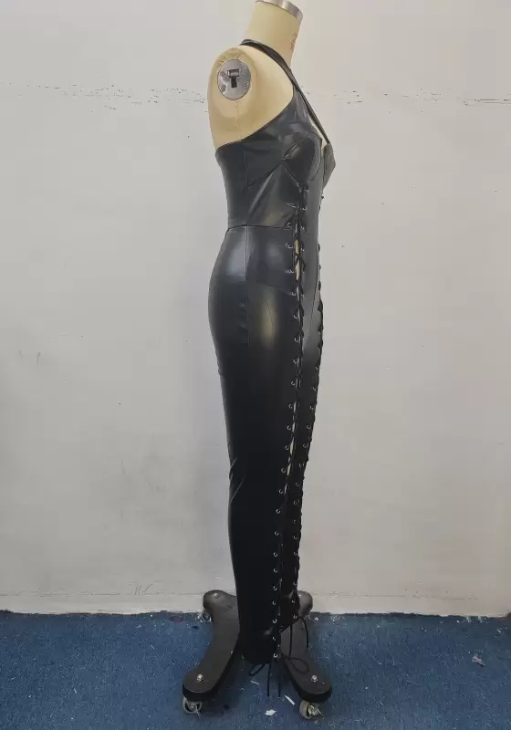Black Leather Crisscross Lace Up Jumpsuit​