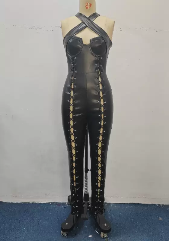 Black Leather Crisscross Lace Up Jumpsuit​