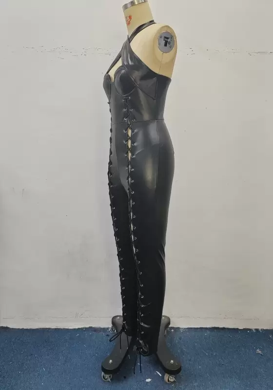 Black Leather Crisscross Lace Up Jumpsuit​