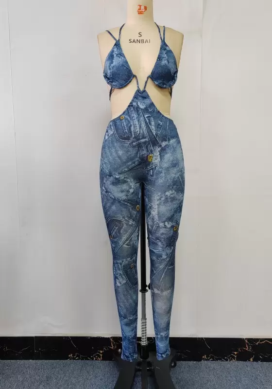 Denim Print Cut Out Jumpsuit
