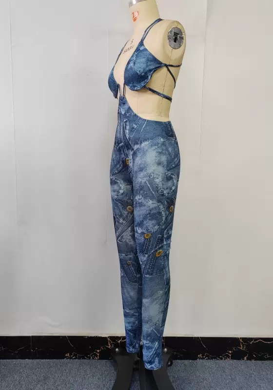 Denim Print Cut Out Jumpsuit