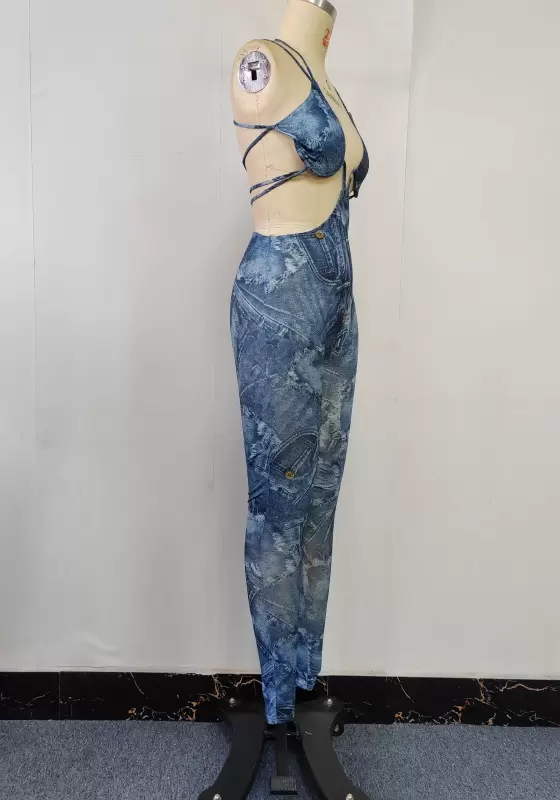 Denim Print Cut Out Jumpsuit