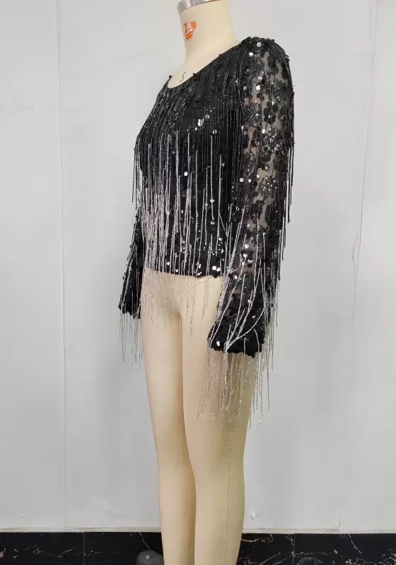 Fringe Sequin Round Neck Top