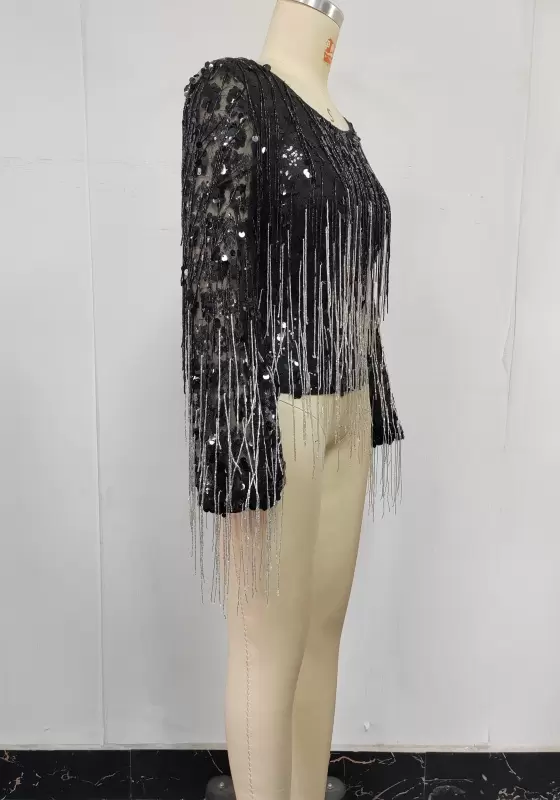 Fringe Sequin Round Neck Top