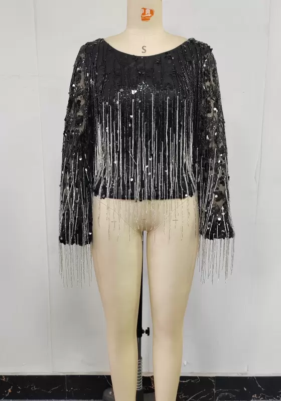 Fringe Sequin Round Neck Top
