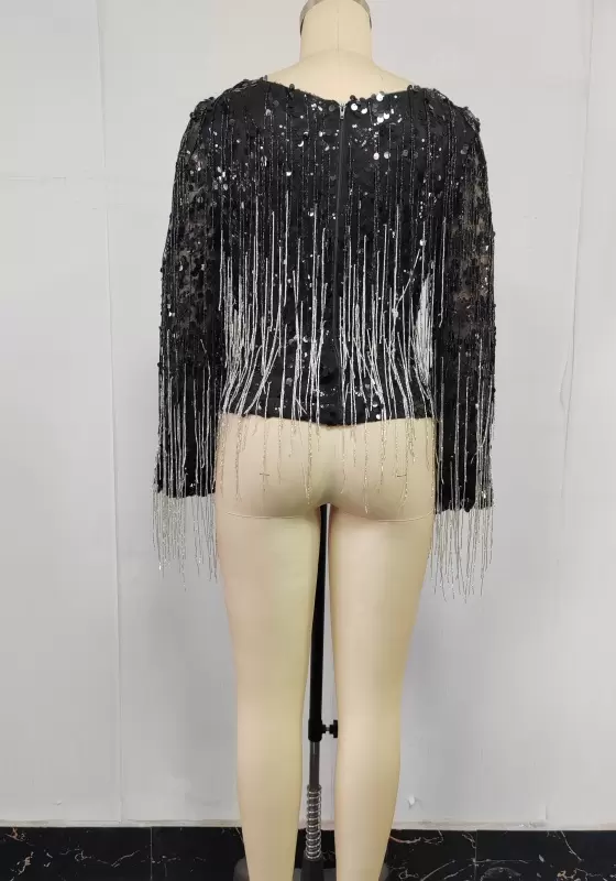 Fringe Sequin Round Neck Top