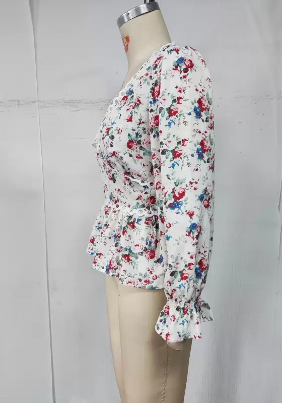 Floral Print Lace Trim Ruffle Blouse​