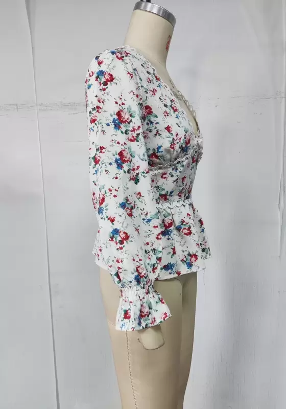 Floral Print Lace Trim Ruffle Blouse​