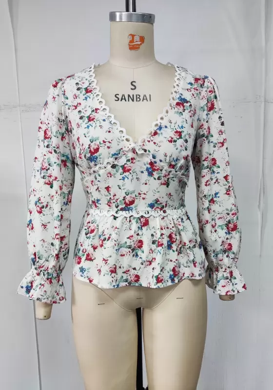 Floral Print Lace Trim Ruffle Blouse​