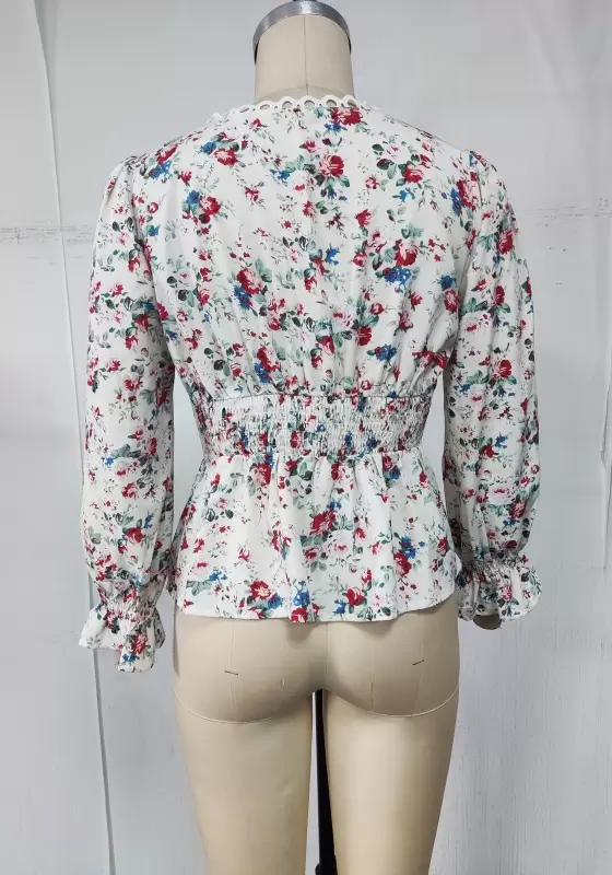 Floral Print Lace Trim Ruffle Blouse​