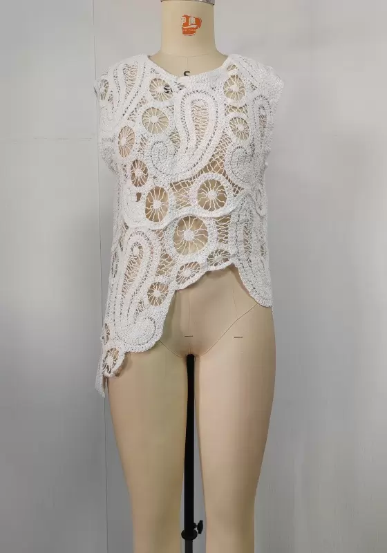 White Crochet Round Neck Sleeveless Top