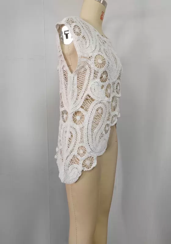 White Crochet Round Neck Sleeveless Top