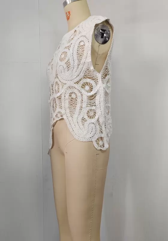 White Crochet Round Neck Sleeveless Top
