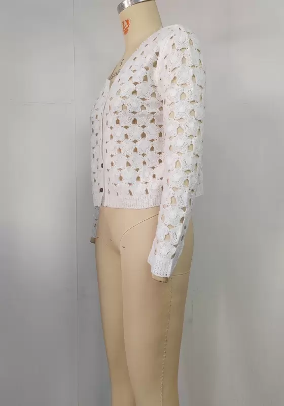 White V Neck Crochet Cardigan