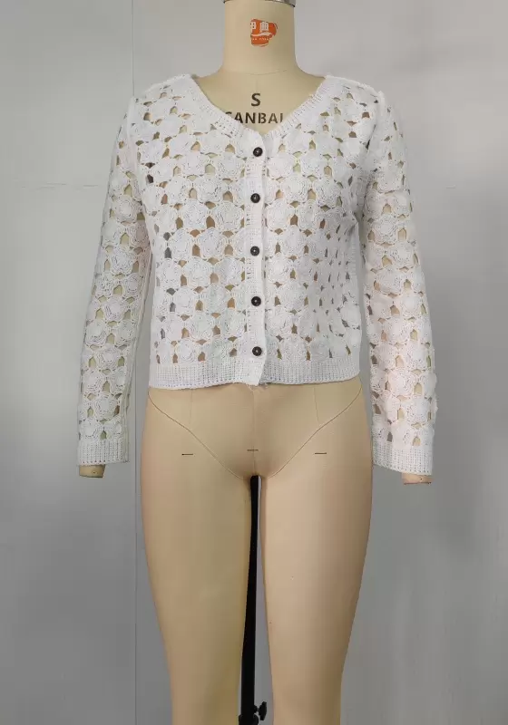 White V Neck Crochet Cardigan