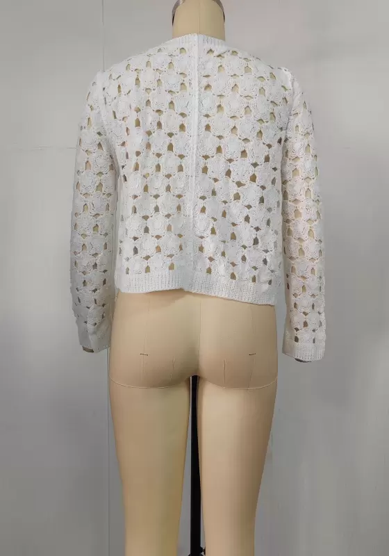 White V Neck Crochet Cardigan
