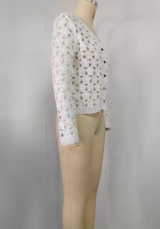 White V Neck Crochet Cardigan