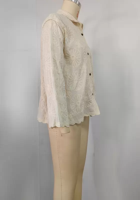 Beige Lace Trimmed Long Sleeve Blouse