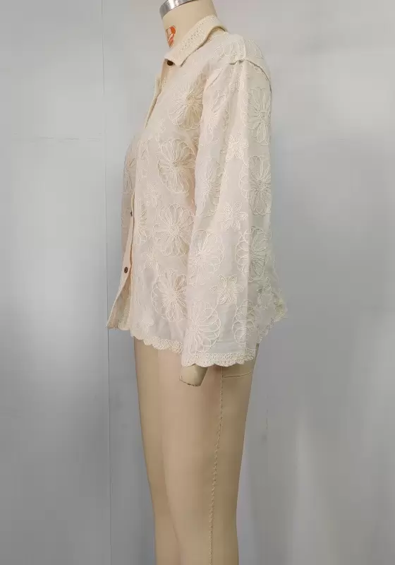 Beige Lace Trimmed Long Sleeve Blouse