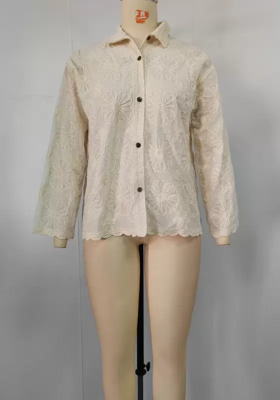 Beige Lace Trimmed Long Sleeve Blouse