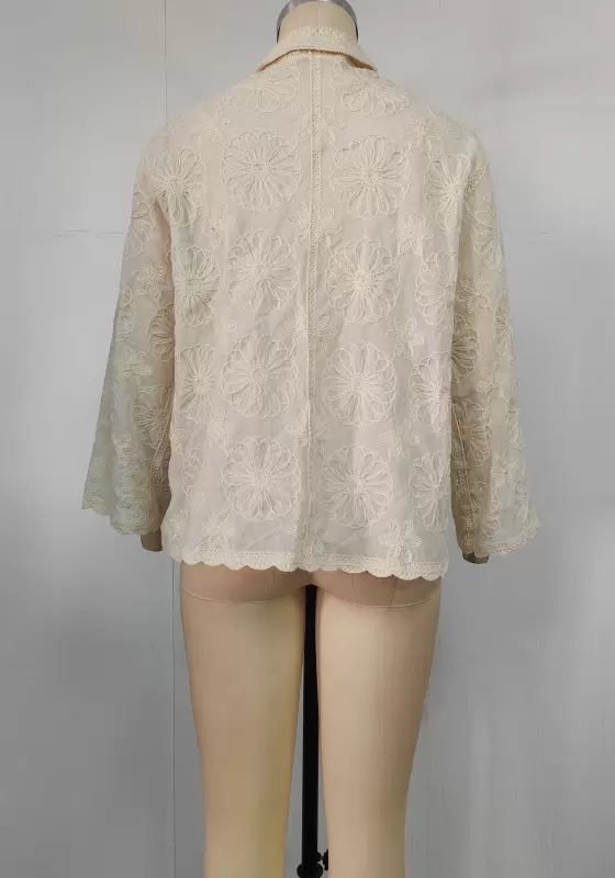 Beige Lace Trimmed Long Sleeve Blouse