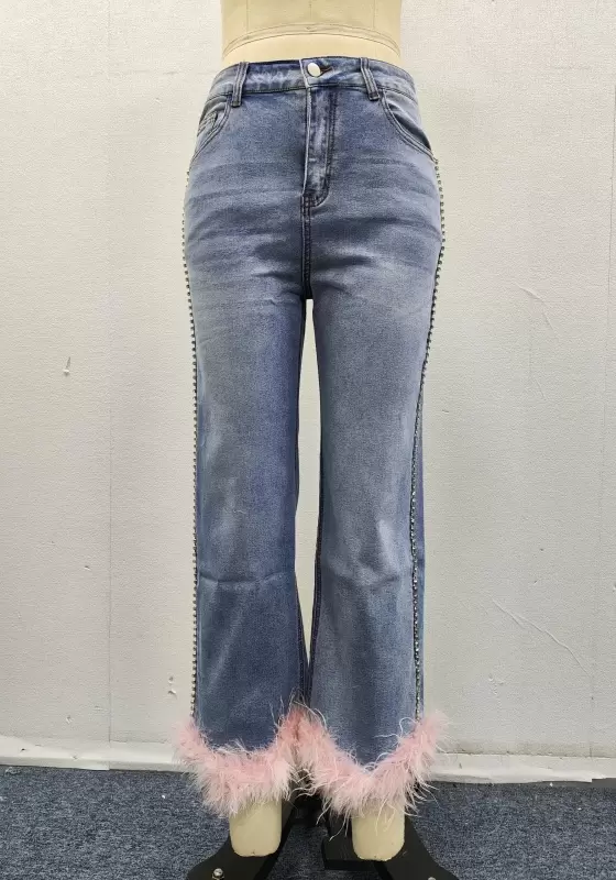 Sequin Feather Trim Straight Jeans